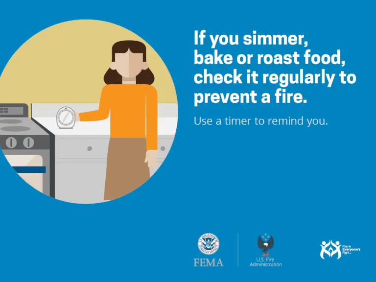 A safety reminder for cooking: "if you simmer, bake or roast food, check it regularly to prevent a fire. use a timer to remind you." - an illustration of a woman checking on food in the oven, with the fema and us fire administration logos displayed on the bottom right.