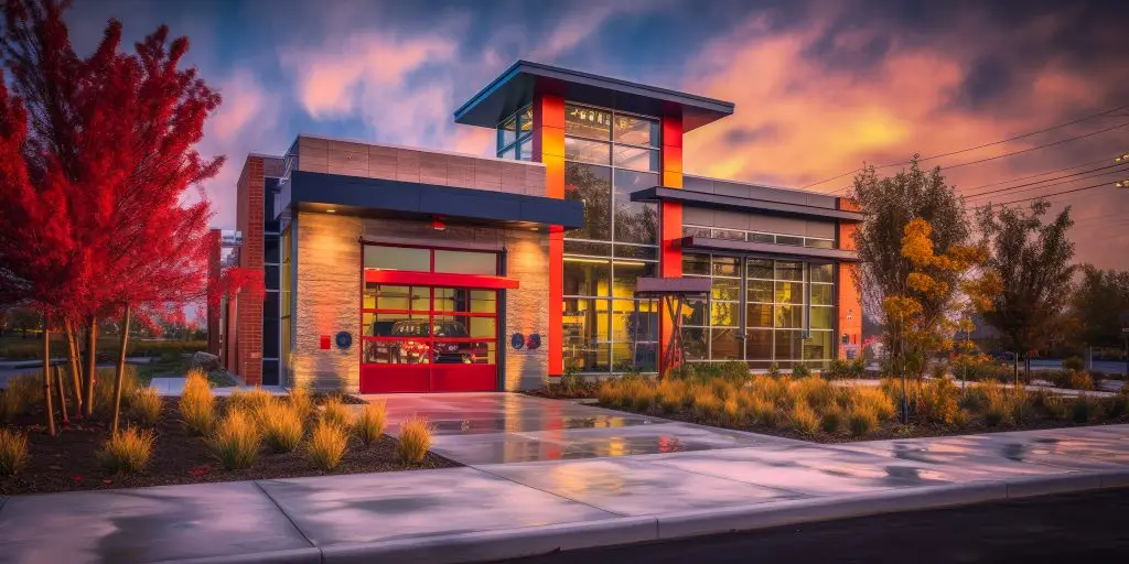 A modern commercial building with vibrant red and yellow foliage under a dramatic sunset sky.