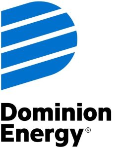 The image shows the Dominion Energy logo. It features a stylized blue "D" with three white diagonal stripes and the words "Dominion Energy" in black text below.