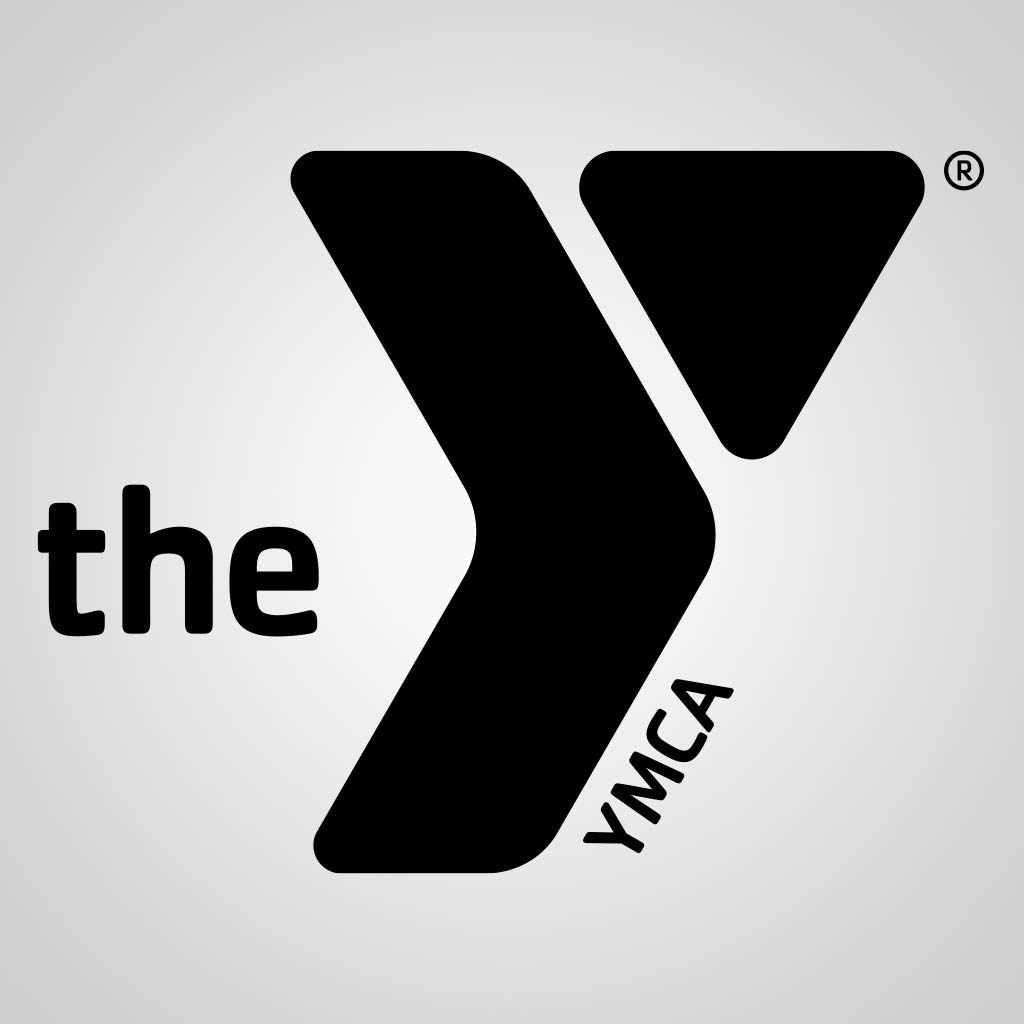 Black YMCA logo on a light gray background. Large stylized "Y" with the word "the" on the left. "YMCA" is vertically aligned on the right side of the "Y".