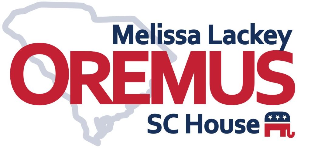 Campaign graphic featuring "Melissa Lackey Oremus SC House" text, with a red Republican elephant logo. A gray outline of South Carolina is in the background.