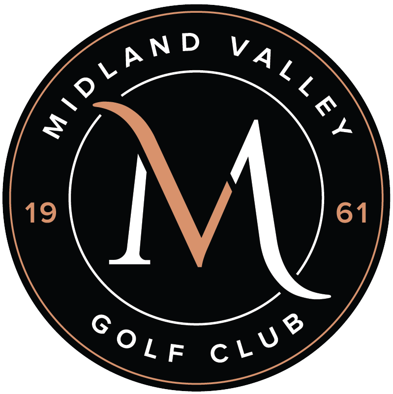 Logo of Midland Valley Golf Club features a stylized "M" in the center, with "Midland Valley Golf Club" encircling it. The numbers "19" and "61" are on either side, likely indicating the year 1961. The design uses black, white, and gold colors.