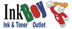 Logo for "InkBoy Ink & Toner Outlet" featuring the text "InkBoy" with "Boy" in green. Beside the text, a cartoon character with orange hair in a red suit is flying with a fist raised, resembling a superhero.