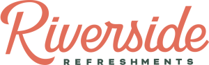 Stylized text logo reading "Riverside Refreshments" with "Riverside" in large, cursive coral-colored letters and "REFRESHMENTS" in smaller, uppercase dark green letters below.