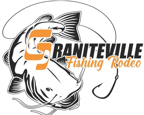 Logo of Graniteville Fishing Rodeo featuring a stylized catfish illustration entwined with a fishhook. The text "GRANITEVILLE Fishing Rodeo" is prominently displayed, with "GRANITEVILLE" in black and "Fishing Rodeo" in orange cursive.